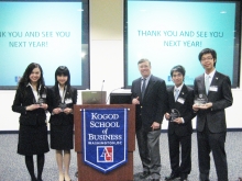 The GBS team receiving its award at the Kogod Gartenhaus Financial Case Competition 2009. They are Mak Hoi-Ling Helen (1st left), Shek Junes (2nd left), Chan Kin-Wai Kelvin (2nd right) and Chan Kwan-Yeung Arnold (1st right).