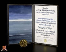 Professor Kao’s Nobel Prize Medal with the Nobel Prize Diploma behind. Dedicated to Professor Kao, the painting on the left hand side of the Diploma was drawn by artist Sture Berglund, which he describes
‘In my landscape, 
on the Bothnian part of the Balt