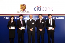 Professor Hui, Mr Weber Lo and three of the students awarded with “Outstanding Achievement Award”, namely Winnie Leung Wing-yin (first from left), Karl Ho Ka-ho (second from left), and Elton Li Hei-tung (first from right)