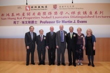 (From left) CUHK Pro-Vice-Chancellor Professor Jack Cheng; CUHK Acting Vice-Chancellor Professor Liu Pak-wai; Cardiff University Vice-Chancellor Dr David Grant; Sir Martin; SHKP Executive Director Mike Wong; Lady Evans; and CUHK School of Public Health Director Professor Sian Griffiths