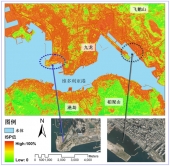 圖2 香港九龍港島地區不透水層衛星遙感監測 (2003年10月)
利用2003年10月18日SPOT 5衛星遙感圖像，獲取的香港維多利亞港兩岸城區不透水層百分比 (impervious surfaces percentage, ISP) 資料，位於九龍和港島的大部分城區具有很高的不透水層百分比，基本在60％以上，而位於圖像底部和右上角的郊野區域則低於40％。那些具有高ISP的城市地區，人居環境品質、城市排污以及防洪洩洪將受到嚴重影響。