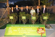 (From left) Mrs. Annie Lee Liang; Mr. Thomas Liang; Dr. Tzu-leung Ho; Dr. David Ho; Mrs. Ho Tim; Mr. Hamilton Ho, Trustee of Chan Chun Ha Charitable Trust; and Mr. Lin Chung-pak officiate at the Tree Planting Ceremony.