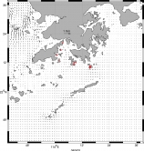 Location of pellets collection (indicated by red dots) and sea condition of high tide in August 8