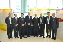 A group photo of officiating guests and guest speakers. (From left) Prof. Edward Ng, Professor, School of Architecture, CUHK; Prof. Henry Wong, Pro-Vice-Chancellor, CUHK; Prof. Benjamin W. Wah, Povost, Wei Lun Professor of Computer Science and Engineering, CUHK; Mr. Nicholas Brooke, Chairman, HKSTPC; Mr. K.S. Wong, Secretary for the Environment of the HKSAR Government; Prof. Ray Cole, Professor, School of Architecture and Landscape Architecture, University of British Columbia; Prof. Joseph Sung, Vice-Chancellor and President, CUHK; and Mr. E. Anthony Tan, Chief Executive Officer, HKSTPC.