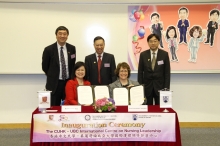 Prof. Diana Lee (left, front row), Chair Professor of Nursing and Director of CUHK Nethersole School of Nursing and Prof. Suzanne Campbell (right, front row), Director of UBC School of Nursing sign a Memorandum of Understanding on the establishment of The Chinese University of Hong Kong-University of British Columbia International Centre on Nursing Leadership, under the witness of Prof. Huang Jiefu (middle, back row), Vice Chairman, Subcommittee of Education, Science, Culture, Health and Sports, the National Committee of the Chinese People's Political Consultative Conference; Dr. Ko Wing Man (right, back row), Secretary for Food and Health; and Prof. Joseph Sung, Vice-Chancellor and President of CUHK.