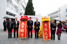 (From left) Prof. Chan Sun-on, Associate Head of New Asia College; Mr. Lam Wing-tak Bill, trustee of New Asia College; Prof. Shun Kwong-loi, Head of New Asia College; Mr. Leung Ying-wai Charles, Chairman of the Board of Trustees of New Asia College; Mr. Wong Ho-chiu, President of the New Asia College Alumni Association; and Ms. Mak Ho-yin, President of the New Asia College Student Union officiate at the opening ceremony of the New Asia History Gallery.