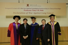 (From left) Prof. Francis Chan, Dean of Medicine, CUHK; Dr Ko Wing-man, Secretary for Food and Health, HKSAR; Prof. Tony Mok, Li Shu Fan Professor of Clinical Oncology, CUHK; Dr. Walton Li, Chairman, Board of Governors, Li Shu Fan Medical Foundation; and Prof. Joseph Sung, Vice-Chancellor, CUHK.