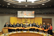 The opening ceremony of the CUHK-UU Joint Centre for Language, Mind and Brain. (From left) Prof. Richard Choy, Deputy Director of the Joint Centre; Prof. Patrick Wong, Co-director of the Joint Centre; Prof. Leung Yuen-sang, Dean, Faculty of Arts, CUHK; Prof. Rene Kager, Co-director of the Joint Centre; Prof. Wiljan van den Akker, Dean, Faculty of Humanities and Vice-Rector for Research, UU; Prof. Fanny Cheung, Pro-Vice-Chancellor, CUHK; Mr. Wilfred Mohr, Consul General, Netherlands Consulate General in Hong Kong and Macao; Prof. Joseph Sung, Vice-Chancellor and President, CUHK; Mr. Vincent Piket, Head of the European Union Office to Hong Kong and Macao; Prof. Gordon Cheung, Associate Vice-President, CUHK; Prof. Virginia Yip, Chairperson, Department of Linguistics and Modern Languages, CUHK; Prof. Peter Burbach, Chairperson, Department of Translational Neuroscience, UU; Prof. Chan Wai Yee, Director, School of Biomedical Sciences, CUHK; and Prof. Aoju Chen, Utrecht Institute of Linguistics, UU.