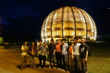 Members of CUHK Physics Department pose for a group photo in front of the Globe of Science and Innovation, a landmark of CERN. From left to right: Chan Yat Long (Research Assistant), Cheng Hok Chuen (alumnus), Lo Kin Ho (alumnus), Tsui Ka Ming (MPhil student), Tam Pok Ho (undergrad), Luis Flores Castillo (Assistant Professor), Lu Haonan (PhD student), Charles Young (Adjunct Professor), Chow Yun Sang (undergrad), and Chu Ming-chung (Professor).