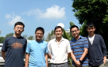 Prof. JIANG Liwen (middle) and his research team: (from left) Dr CUI Yong, Dr GAO Caiji, Dr LUO Ming and Dr ZENG Yonglun