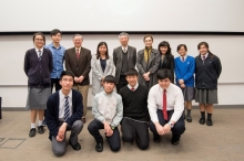 Prof. Gabriel LAU, Director of the Institute of Environment, Energy and Sustainability of CUHK; Ms Nicole WONG, Director of Corporate Affairs of the World Wide Fund For Nature Hong Kong; Prof. FUNG Tung, Associate Vice-President of CUHK, Ms Janis CHAN, Executive Director of Green Monday, and Mrs Cecilia LAM, Programme Director of CUHK Jockey Club Initiative Gaia (from 3rd left to 7th left) post for a group photo with winners of the secondary schools category.