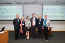 (From left) Prof. Tai-fai Fok, Pro-Vice-Chancellor, CUHK; Prof. Sian Griffiths, Emeritus Professor, Jockey Club School of Public Health and Primary Care; Prof. Sophia Chan, Under Secretary for Food & Health of the HKSAR Government; Prof. Joseph Sung, Vice-Chancellor, CUHK; Prof. John Hearn, Executive Director, WUN; and Prof. Jane Harding, Deputy-Vice Chancellor (Research), The University of Auckland at the WUN　Public Health Global Challenge Conference　 on Healthy Ageing