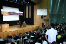 Mr. William J Borucki (right) and Prof. Chu Ming-chung, Professor of Department of Physics interact with the audience in the Q&A session.