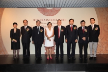 (From left) Prof. XU Xiaodong, Associate Director, Art Museum, CUHK; Prof. Zhang Wei, Researcher of the Shanghai Museum; Mr. Christopher Mok, Chairman of Advisory Committee of the Art Museum, CUHK; Mr. Justice Robert Tang and Mrs. Cissy Tang; Prof. Benjamin W. Wah, Provost of CUHK; Prof. Leung Yuen Sang, Director of the Institute of Chinese Studies, CUHK; Prof. Josh Yiu, Acting Director of the Art Museum, CUHK officiate at the ribbon-cutting ceremony for the exhibition