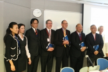 (From left 4th-7th) Prof. Christopher Gane, Dean of the Faculty of Law and Simon F.S. Li Professor of Law, CUHK; The Rt. Hon Sir Matthew Thorpe, former Lord Justice of Appeal, England and Wales; the Hon. Chief Justice Geoffrey Ma Tao-Li, GBM, Hong Kong Court of Final Appeal; and Prof Michael Hor, Dean of the Faculty of Law, University of Hong Kong attend the Opening of the Children's Issues Forum.