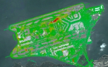 The deformation of the reclaimed Hong Kong International Airport. The color represents the deformation velocity from October 2008 to December 2009 in the vertical direction visualized in the range of (-25 mm/year (red), 25 mm/year (violet)). The corresponding 3-D settlement video is shown in “http://www.iseis.cuhk.edu.hk/eng/news/20151027.htm”.