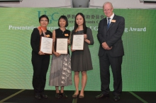 (From left) Prof. Leung Mei-yee, Dr. Julie Chiu and Dr. Wong Wing-hung's wife receive the award certificates from Prof. Adrian K. Dixon, Chairperson, 2016 UGC Teaching Award Selection Panel.