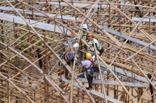 The Bamboo Pavilion was built from bamboo poles using techniques based on Cantonese bamboo scaffolding craftsmanship.