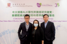 Prof. Tony Shu Kam MOK, Li Shu Fan Medical Foundation Professor of Clinical Oncology and Chairman of the Department of Clinical Oncology of the Faculty of Medicine of CUHK (left), presents research findings on a novel targeted therapy for advanced ALK-positive lung cancer. Also featured in the picture are ALK-positive lung cancer patient Madam TAM (centre) and Dr LAM Kwok Chi, Clinical Assistant Professor (Honorary), Department of Clinical Oncology, Faculty of Medicine at CUHK (right).