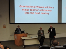 Prof. Rainer WEISS (middle) and Prof. Kip THORNE (right) gave a lecture in CUHK hosted by Prof. Tjonnie LI, Assistant Professor, Department of Physics, CUHK (left), sharing the latest research on gravitational waves.