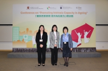 The opening ceremony of the conference was officiated by Ms. Elizabeth TSE (middle), Permanent Secretary for Food and Health (Health), the HKSAR Government; Ms. Imelda CHAN (left), Head of Charities (Grant Making – Elderly, Rehabilitation, Medical, Environment & Family) of The Hong Kong Jockey Club; and Prof. Fanny CHEUNG, Pro-Vice-Chancellor of CUHK.