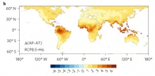 Spatial distribution of the projected changes in AP-AT under RCP8.5, shows that AP is 3 to 6 degrees Celsius higher than AT in most low latitude regions.