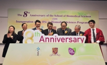 The School of Biomedical Sciences at CUHK celebrates its 8th anniversary. Officiating guests include Prof. Lap-Chee TSUI, Founding President of The Academy of Sciences of Hong Kong (3rd right); Prof. Rocky S. TUAN, Vice-Chancellor and President of CUHK (middle); Prof. Francis CHAN, Dean of the Faculty of Medicine at CUHK (3rd left); and Prof. Wai-Yee CHAN, Director of the School of Biomedical Sciences at CUHK (2nd right).