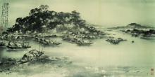 趙少昂（1905–1998）
香港大埔坳山水
1967 年
水墨設色紙本橫幅
96 x 185.2 釐米
香港中文大學文物館藏
藏品編號：1992.0170
趙少昂教授惠贈
釋文：極目漁家聚此間，不聞理亂自優閒。日常湖海生涯慣，時有歌聲起隔山。曩過大埔坳，得此畫稿，丁未二月，少昂畫就并題二十八字。