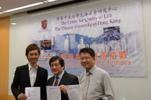 Prof. Wong Hung, Director, Centre for Quality of Life, Hong Kong Institute of Asia-Pacific Studies, and Associate Professor, Department of Social Work, CUHK (middle); Prof. Chong Tai-leung Terence, Associate Professor, Department of Economics, CUHK (right); and Prof. Chung Yat-nork Roger, Assistant Professor, Jockey Club School of Public Health and Primary Care, CUHK.