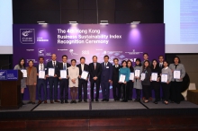 Prof. Kalok Chan, Dean of CUHK Business School (9th from left), Mr. Tim Lui, SBS, JP, Chairman of the SFC (middle), Prof. Carlos Lo, Director of Centre for Business Sustainability at CUHK Business School (10th from left) and representatives of the top 20 HKBSI companies posed for a group photo.