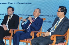 Professor Fok Tai-fai, Pro-Vice-Chancellor of CUHK (middle), engages in a high-level roundtable forum themed on "Future Visions for Children's Wellbeing".