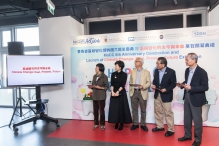 Officiating at the launch ceremony of the ‘Climate Change: Past, Present, Future’ exhibition are (from left) Dr Rebecca Lee, Founder of the Polar Museum Foundation, Miss Donna Tang, Mr Tse Chin-wan, Professor Rocky S. Tuan, and Professor Fok Tai-fai, Pro-Vice-Chancellor and Vice-President of CUHK and Chairman of the Steering Committee for Jockey Club Museum of Climate Change.