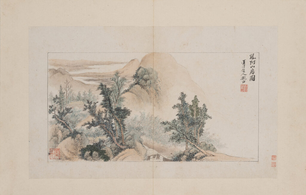 吳歷（1632–1718）《鳳阿山房圖》<br />
約1684至1710年<br />
冊頁<br />
紙本水墨設色<br />
香港中文大學文物館藏<br />
館藏編號：1999.0113<br />
黃佩瑜女士、黃匡寧先生、黃匡佐先生惠贈