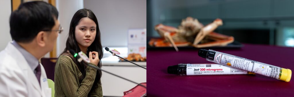 Mercy 自幼對多種魚類過敏，但未曾對貝類海鮮出現過敏反應。她兩個月前往韓國旅行，進食醬油蟹約五至十分鐘後出現咀唇腫脹、喉嚨阻塞及頭暈等嚴重過敏反應。中大醫學院團隊為她處方腎上腺素自助注射器，俗稱「救命筆」（右圖示），作為嚴重過敏反應的緊急醫療處理。及後利用她的血清樣本作更詳細的貝類過敏測試，發現她對血藍蛋白呈抗體反應。血藍蛋白是一種多在花蟹及大閘蟹蟹膏出現的蛋白質。