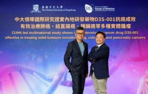 中大醫學院領導的跨國團隊透過臨床研究證實，內地研發的新一代KRAS-G12C抑制劑D3S-001，在治療多種因KRAS-G12C基因突變而引起的實體腫瘤上，展現出顯著的抗腫瘤活性、安全性及克服抗藥性的效能，為KRAS-G12C基因突變癌症患者提供了新的治療希望。研究團隊成員包括李樹芬醫學基金腫瘤學教授兼中大醫學院腫瘤學系系主任莫樹錦教授（左）及副教授龍浩鋒醫生。