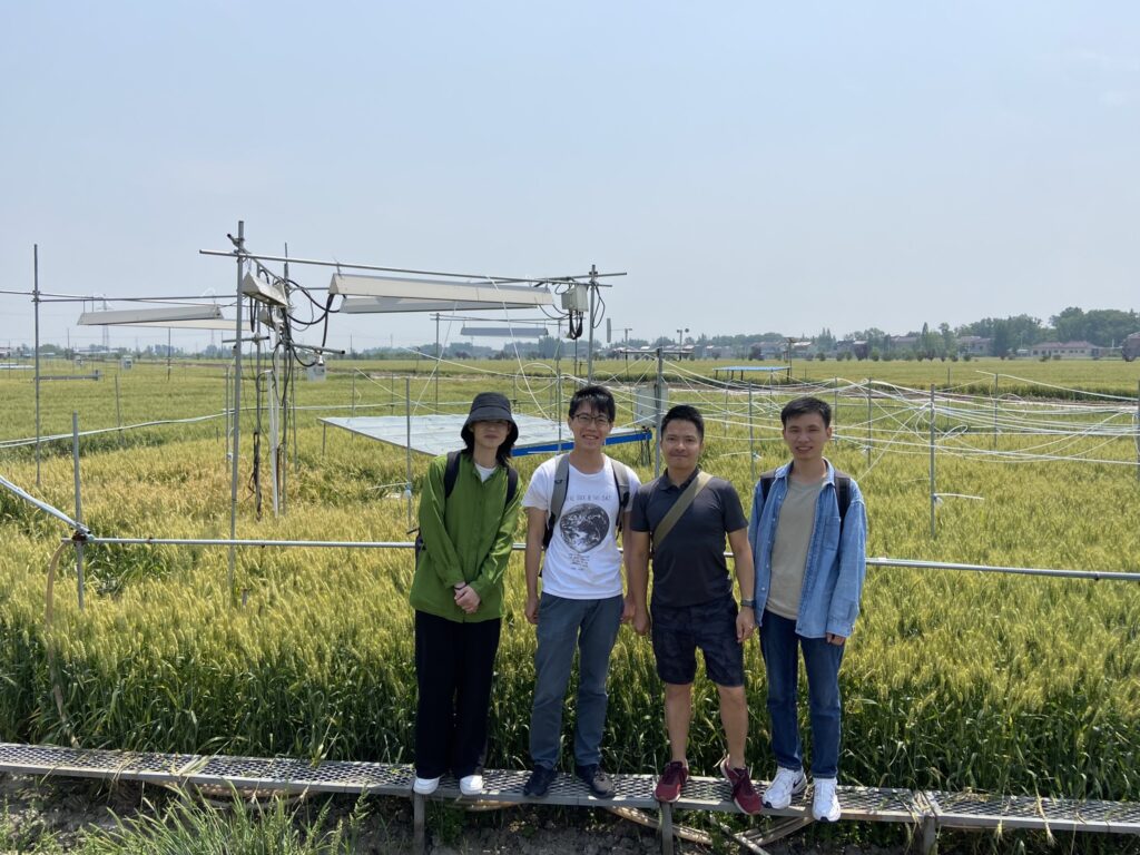 Professor Amos Tai Pui-kuen (2nd right) of CUHK’s Department of Earth and Environmental Sciences, Dr Yuan Tiangang (1st right), and other team members visit an experimental field site for agricultural research in East China.