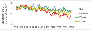 This graph shows the impact of combined climate change and Ozone increase in RCP8.5 scenario. Soybean is the most sensitive to ozone and therefore the yield difference is higher under combined ozone and climate change.