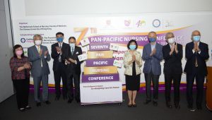 Opening of the 7th Pan-Pacific Nursing Conference (from left):  Dr. Mary Foong, Principal Nursing Officer, Department of Health; Mr. John Li, Chairman, Board of Governors, Alice Ho Miu Ling Nethersole Charity Foundation; Professor Wai-tong Chien, Director and Professor of the Nethersole School of Nursing; Dr. the Honourable Che-hung Leong; Professor Mai-har Sham and Prof. Tai-fai Fok, Pro-Vice-Chancellors/Vice-Presidents of CUHK; Dr. Joseph Lee, President of Wofoo Social Enterprises; Mr. Lawrence Poon, Chief Manager (Nursing)/Chief Nurse Executive, Hospital Authority