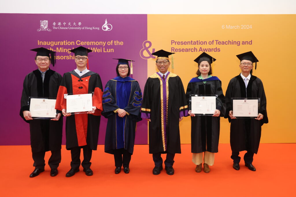 Professor Rocky Tuan (3rd right) and Professor Poon Wai-yin, Pro-Vice-Chancellor of CUHK (3rd left), with Professor Wing Yun-kwok, Choh-Ming Li Professor of Psychiatry, Professor Liu Renbao, Choh-Ming Li Professor of Physics (1st - 2nd left), Professor Pang Lai-kwan, Choh-Ming Li Professor of Cultural and Religious Studies, and Professor Liew Soungchang, Choh-Ming Li Professor of Information Engineering  (2nd and 1st right).
