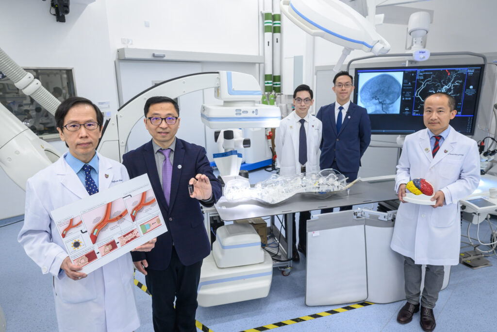 CUHK has developed magnetic tissue plasminogen activator (tPA)-anchored nanorobots (tPA-nbots) to treat ischemic stroke. It demonstrates potential to benefit patients by reducing brain damage and minimising side effects. The team also succeeded in using laser speckle contrast imaging (LSCI) guidance for real-time tracking and delivery of nanorobots and instant monitoring the bloodstream, providing a novel approach for nanorobots-based endovascular intervention therapy. <br />
<br />
(From left) Professor Simon Yu Chun-ho, Emeritus Professor in the Department of Imaging and Interventional Radiology at CU Medicine; Professor Zhang Li, Professor in the Department of Mechanical and Automation Engineering, CUHK; Dr Bonaventure Ip Yiu-ming, Assistant Professor in the Department of Medicine and Therapeutics at CU Medicine; Professor Tony Chan Kai-fung, Research Assistant Professor of the Chow Yuk Ho Technology Centre for Innovative Medicine; and Professor Thomas Leung Wai-hong, Head of the Division of Neurology and Lee Quo Wei Professor of Neurology in CU Medicine’s Department of Medicine and Therapeutics