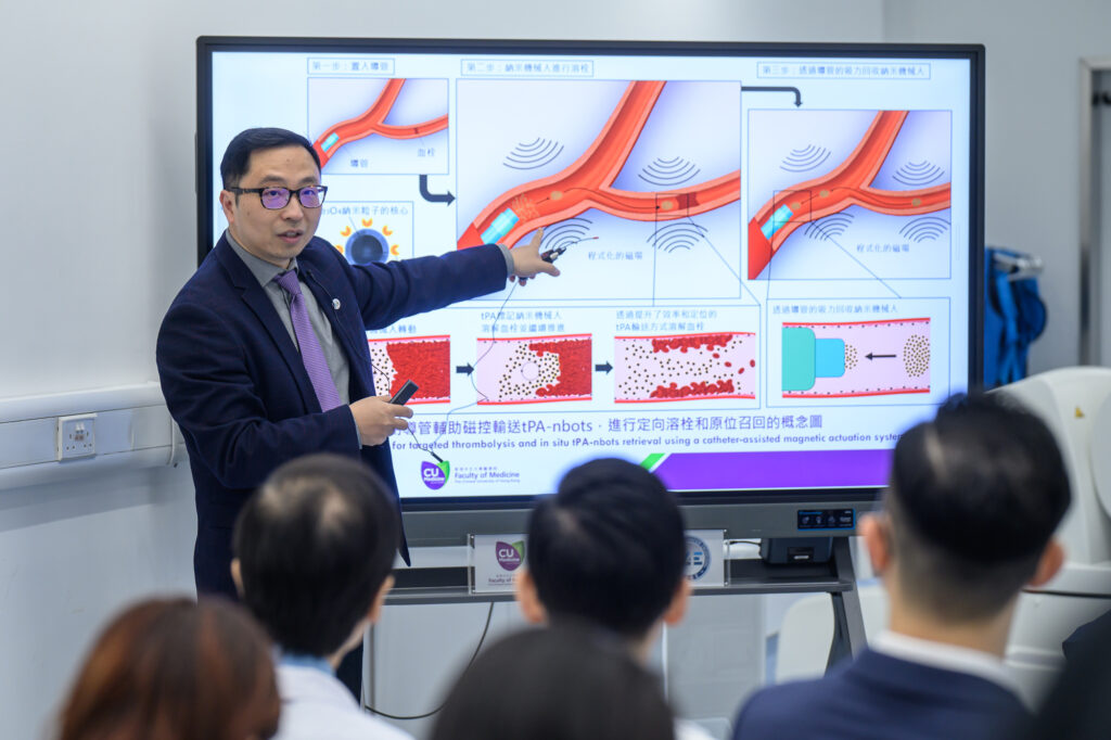 Professor Zhang Li explains that the tPA-nbots can be navigated to the thrombus site within the narrow distal blood vessels. The enhanced, localised delivery can prevent high-dose tPA from being circulated in the body, reducing the possibility of systemic and brain hemorrhage, and potentially saving patients from heavy brain damage.