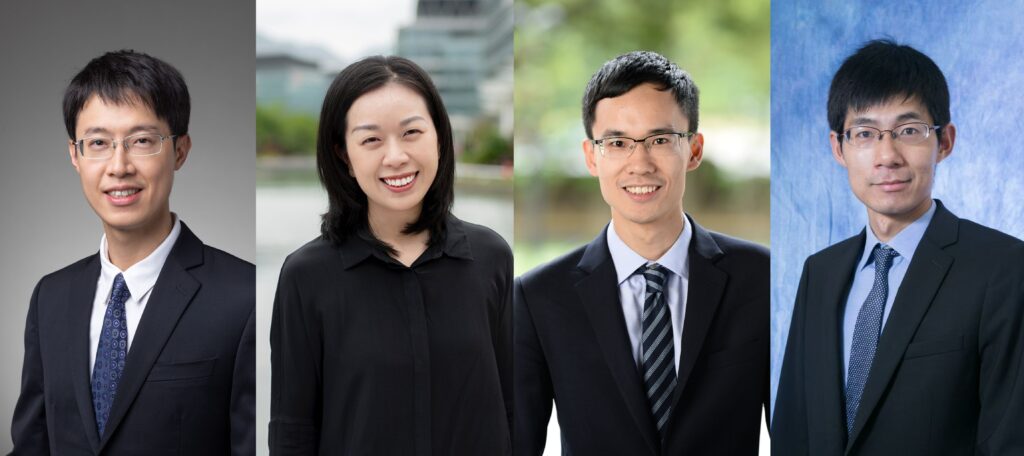 四位中大學者獲頒「研資局研究學者」銜，他們分別為（從左至右）數學系副教授李文俊教授、賽馬會公共衞生及基層醫療學院副教授王海天教授、決策、營運與科技學系副教授張任宇教授，以及生物醫學工程學系副教授周仁杰教授