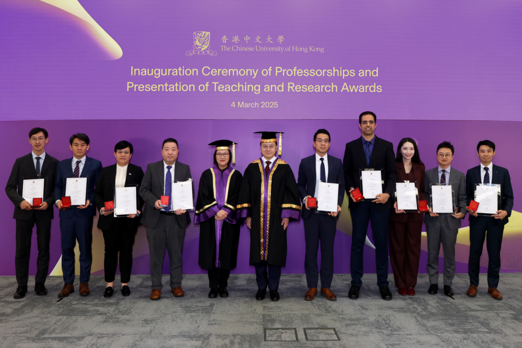 Professor Dennis Lo Yuk-ming (6th left) and Professor Poon Wai-yin, Pro-Vice-Chancellor of CUHK (5th left), with the recipients of the Vice-Chancellor’s Exemplary Teaching Award 2023.