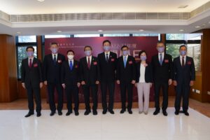 (From left) Mr Wang Qi, Director-General of the Department of International Organisations and Conferences, Office of the Commissioner of the Ministry of Foreign Affairs of the People’s Republic of China in the HKSAR; Mr Deng Jianwei, Bureau Chief, Office for Safeguarding National Security of the Central People’s Government of the People’s Republic of China in the HKSAR; Professor Xu Kai, Deputy Director-General of the Department of Educational, Scientific and Technological Affairs, the Liaison Office of the Central People’s Government in the HKSAR; CUHK Vice-Chancellor and President Professor Rocky S Tuan; CUHK Council Chairman Professor John Chai Yat-Chiu; Secretary for Security Mr Tang Ping-keung; Secretary for Education Dr Choi Yuk-lin; Commissioner of Police Mr Raymond Siu Chak-yee; and Deputy Commissioner of Police Mr Joe Chow Yat-ming.