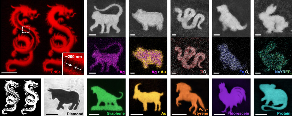 Demonstration of material variety via 12 Chinese zodiac animals, including fluorescent image of two dragons of CdSe quantum dots (QDs) without shrinking (the inset shows a resolution of ~200 nm); SEM (top) and EDX (bottom) images of a monkey of Ag; pig of Au-Ag alloy; snake of TiO2; dog of Fe3O4; rabbit of NaYREF4; optical microscopy image of an ox of diamond; fluorescent images of a tiger of graphene QDs; goat of fluorescent Au; horse of polystyrene; rooster of fluorescein; and mouse of fluorescent protein.