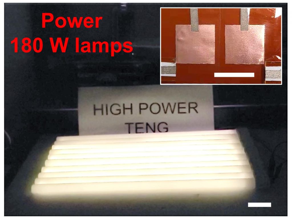 OCT-TENG is capable of delivering 180W power to light the lamp.