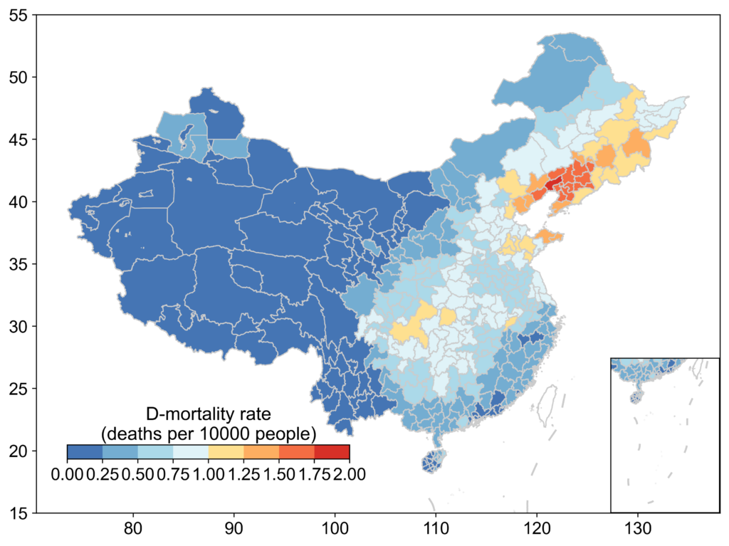 The air pollution-related mortality rate arising from dietary changes is particularly high in the northeastern region of mainland China where agricultural activities are the most intensive.