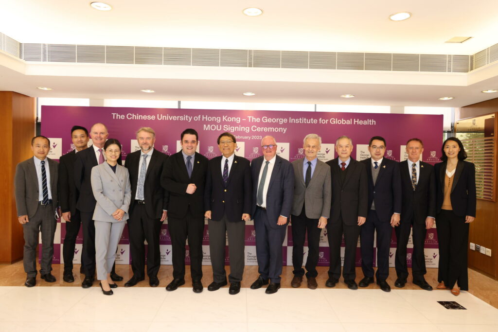 (From left) Professor Thomas Leung, Head of Division of Neurology at CUHK; Professor Samuel Wong, Director of The Jockey Club School of Public Health and Primary Care at CUHK; Mr Tim Regan, Chief Operating Officer of TGI; Ms Lily Zhu, Managing Director of TGI China; Mr Peter Dolnik, Global Director of Centre for Operational and Research Excellence at TGI; Mr Laurie Pearcey, Associate Vice-President of CUHK; Professor Rocky S. Tuan, Vice-Chancellor and President of CUHK; Professor Craig Anderson, Director of Global Brain Health at TGI; Professor Bruce Ransom, Director of Gerald Choa Neuroscience Institute at CUHK; ProfessorYam Yeung, Director of Shenzhen Research Institute at CUHK; Dr Lin Huangquan, Executive Director of Shenzhen Research Institute at CUHK; Mr Rhys Palmer, Director of Strategic Events and External Projects Office at CUHK and Dr Lily Song, Head of Stroke Program at TGI China posed for a group photo in the MoU signing ceremony.