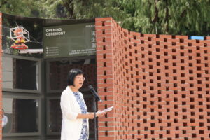 Professor Sham Mai-har, CUHK’s Pro-Vice-Chancellor, delivers opening remarks at the opening ceremony of the YES Pavilion.