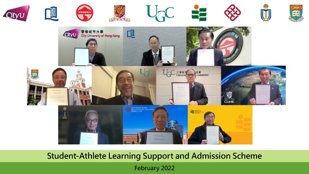 In support of the SALSA Scheme, Professor Rocky S. Tuan, Vice-Chancellor and President of CUHK (2nd row, 1st right) signs a signifying document with Professor James Tang, Secretary-General of the UGC (2nd row, 2nd right), in the presence of Mr Carlson Tong, Chairman of the UGC (2nd row, 2nd left).